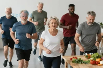 A diverse group of men of different ages and ethnicities engaging in various healthy activities like jogging, playing sports, and preparing nutritious meals. The scene should convey a sense of vitality and well-being. Focus on realistic depictions of physical activity and healthy eating habits.
