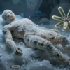 A realistic depiction of an ancient frozen human body, partially exposed in an ice cave, with a close-up overlay showing clusters of tiny glowing microbes inside the tissue, illuminated by soft scientific lighting, conveying a sense of discovery and mystery