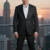 Elon Musk standing confidently in front of a futuristic cityscape at sunset, wearing a dark suit and a subtle smile. The scene should convey success and innovation.