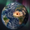 A detailed illustration of Earth with visible magnetic field lines emanating from the planet, depicting a coronal hole and solar flare causing geomagnetic disturbances. The Earth should be realistically rendered with auroras visible in the polar regions.