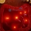 A photorealistic image of a healthy human gut interior, with vibrant, clean cells and a clear lumen, surrounded by natural elements such as herbs, fruits, and fermented foods, symbolizing a natural remedy for gut restoration