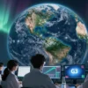 A realistic, high‑resolution illustration of Earth at night with a vivid aurora borealis swirling over the polar region, showing magnetic field lines as glowing ribbons. In the foreground, a group of scientists in lab coats and safety goggles are observing data on a large screen that displays a G3 magnetic storm alert. The scene conveys urgency and scientific monitoring, with a subtle glow from the aurora illuminating the scientists' faces.