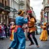 A vibrant street theater performance in Saint Petersburg, Russia. Performers in colorful costumes are enacting a scene on a cobblestone street. The background features ornate buildings and the Neva River. Focus on dynamic poses and expressive acting.