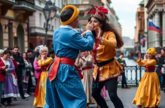 A vibrant street theater performance in Saint Petersburg, Russia. Performers in colorful costumes are enacting a scene on a cobblestone street. The background features ornate buildings and the Neva River. Focus on dynamic poses and expressive acting.