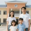 A family of four (parents and two young children) smiling and standing in front of a modern, brightly colored government building. The scene should convey a sense of support and well-being.