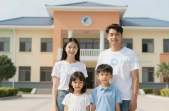 A family of four (parents and two young children) smiling and standing in front of a modern, brightly colored government building. The scene should convey a sense of support and well-being.
