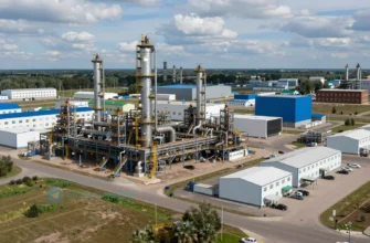 A modern industrial complex in the Chelyabinsk region, Russia, with various factories and research facilities. Include elements of technological innovation and sustainable practices. Focus on a wide shot showcasing the scale of the development.