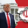 A split image. On the left, a stern Donald Trump standing in front of the White House, looking serious. On the right, a stylized depiction of the Iranian flag partially obscured by a broken chain, symbolizing a deal. The overall tone should be serious and symbolic, representing the described statement.
