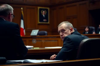 A Russian man sitting in a courtroom, looking solemn, with a judge and legal documents on the table, dim lighting, serious atmosphere