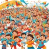 A vibrant and colorful illustration depicting a cultural and educational marathon taking place in Pyatigorsk. The scene should include diverse participants (people of different ages and ethnicities), banners with cultural symbols, musical instruments, and perhaps a stage with performers. The overall atmosphere should be joyful and energetic.
