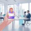 A digital illustration depicting a person interacting with a smartphone displaying a chatbot interface. The chatbot is subtly suggesting a financial transaction. The background is a blurred office setting.