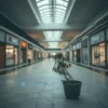 A desolate, empty shopping mall interior. Focus on the vast, echoing space with closed storefronts. Dim, diffused lighting. Cracked floors and peeling paint suggest abandonment. A single, wilting potted plant sits forlornly in the foreground.
