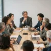 A diverse group of people, representing different ethnicities and ages, engaged in a serious discussion around a table. The setting is a modern, well-lit conference room. Focus on conveying a sense of collaboration and thoughtful negotiation.