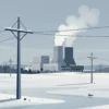 A stylized illustration depicting a winter scene in the European Union. A partially frozen landscape with power lines stretching across it. A prominent, modern-looking power plant is visible in the distance, emitting steam. The overall color palette should be cool, with blues, grays, and whites dominating. Focus on conveying a sense of cold and economic hardship.