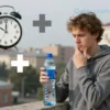 A person in a Russian city, looking at a bottle of mineral water with a thoughtful expression, surrounded by subtle health-related symbols like a clock showing morning hours, a medical cross, and a warning sign, all in a calm urban setting with a hint of Volgograd architecture in the background