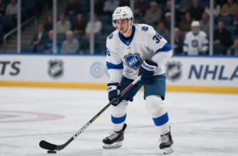 A renowned Russian hockey player in full ice hockey gear, standing on the ice rink with a determined expression, holding a hockey stick, surrounded by faint outlines of NHL team logos and crowd blurred in the background, dramatic lighting with cold blue and white tones