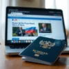 A realistic photograph of a Russian passport placed on a wooden table with a laptop screen showing a web browser open to a Russian news website, soft natural lighting, shallow depth of field, focus on the passport and screen