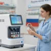 A modern Russian pharmacy interior featuring a sleek, high‑tech medicine dispensing robot. A young woman in a blue lab coat stands beside the robot, holding a small, clear medicine vial. The robot has a transparent display with icons and symbols indicating the medicine and dosage, but no textual labels are visible. Shelves in the background hold neatly arranged medicine bottles, and a subtle Russian flag motif is incorporated into the décor. Bright, clean lighting highlights the futuristic atmosphere.