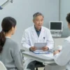 A modern medical facility with doctors and patients discussing treatment options. The setting should include advanced medical equipment and a calm, professional atmosphere. The image should convey a sense of hope and progress in mental health treatment.