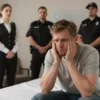 A Russian man in a hotel room, looking anxious, with hotel staff and security personnel nearby, tense atmosphere, no text or numbers