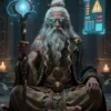A digital shaman, depicted as a wise old man with glowing eyes and intricate tribal tattoos, sits cross-legged in a dimly lit, futuristic temple. He holds a glowing digital staff, manipulating data streams that swirl around him. The background shows a holographic display showing financial transactions and warning signs.