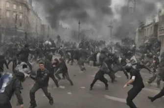 A dynamic street scene in London with protesters holding stones, throwing them at police officers in riot gear, with a backdrop of iconic British architecture such as the London Eye or Big Ben, all depicted in a realistic style