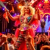 Sergey Zverev, the king of glamor, performing at a vibrant festival in Yekaterinburg. He is wearing an extravagant, colorful outfit with lots of sequins and feathers. The stage is decorated with bright lights and festive decorations. The audience is cheering and enjoying the show. Focus on capturing the energy and excitement of the event.