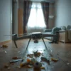 A damaged drone fragment inside a residential apartment building in Krasnodar. Debris is scattered on the floor. Visible damage to the fragment suggests a crash. Focus on the interior of the apartment, showing the scale of the damage.