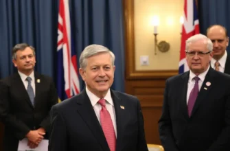 A dignified political figure being appointed as the new prime minister, standing in a formal government setting with a flag in the background, surrounded by respectful officials in business attire, under soft lighting, conveying authority and transition of power