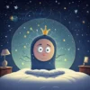 A cartoon mosquito wearing a tiny crown, buzzing around a person sleeping peacefully in a bed. The room is dimly lit, with a window showing a starry night. Focus on the humorous contrast between the mosquito's regal attire and its annoying nature.
