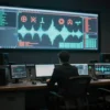 A dimly lit, futuristic radio station control room. Several large, glowing screens display cryptic symbols and distorted audio waves. A lone figure in a dark suit stands before a console, seemingly monitoring the broadcasts. The overall atmosphere is unsettling and mysterious.