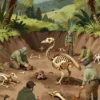 A detailed illustration of a paleontological dig site in New Zealand. Focus on the discovery of ancient bird bones, including a large, flightless bird skeleton. Include researchers in protective gear examining the fossils. The environment should be a lush, green landscape with ferns and native plants.