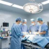 A modern, brightly lit operating room with a complex surgical table and medical equipment. A team of surgeons in scrubs are focused on a patient. The room should convey a sense of precision and advanced technology.