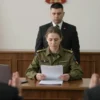 A solemn courtroom in Volgograd with a judge presiding over a case involving the rights of a daughter of a fallen special forces operative, showing respectful gestures and legal documents, muted colors, no text or symbols
