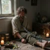 A man with a weary expression, chained to the floor of a dim, cluttered old house, surrounded by herbal remedies, candles, and mystical objects, wearing tattered clothes, soft natural light coming through a dusty window, realistic atmosphere of isolation and suffering