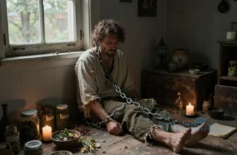 A man with a weary expression, chained to the floor of a dim, cluttered old house, surrounded by herbal remedies, candles, and mystical objects, wearing tattered clothes, soft natural light coming through a dusty window, realistic atmosphere of isolation and suffering