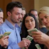 A close-up shot of a diverse group of people (men and women, various ages) standing in a line at a bank teller window. They are holding stacks of Russian rubles. The atmosphere is serious and focused. The bank interior is subtly visible in the background, suggesting a modern, well-lit environment. Focus on the expressions of the people and the currency.