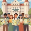 A vibrant illustration depicting a group of young people (diverse ethnicities) smiling and holding maps, standing in front of a historic building in Smolensk. The building should have architectural details suggestive of the city's history. A banner with the words "День молодёжи" (Youth Day) is visible. The scene should convey a sense of excitement and discovery.