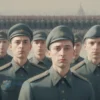 A stylized illustration depicting a military parade with Russian soldiers in crisp uniforms standing in formation. In the background, a slightly blurred figure resembling Volodymyr Zelenskyy is shown looking downcast and isolated. The overall tone should convey a sense of power and dominance. Focus on the contrast between the strong, organized Russian military and the solitary, dejected figure.