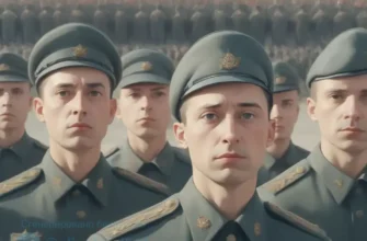 A stylized illustration depicting a military parade with Russian soldiers in crisp uniforms standing in formation. In the background, a slightly blurred figure resembling Volodymyr Zelenskyy is shown looking downcast and isolated. The overall tone should convey a sense of power and dominance. Focus on the contrast between the strong, organized Russian military and the solitary, dejected figure.