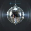 A futuristic, metallic device resembling a disco ball, emitting a bright, pulsating light and sound waves. The device is hovering slightly above a dark, abstract background.