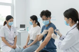 A group of diverse people in a modern clinic receiving vaccinations against tick-borne virus, with healthcare workers in uniforms administering shots, clean medical environment, natural lighting, calm and professional atmosphere