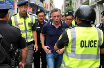 A British man being arrested in Ecuador, surrounded by local police officers in a urban setting, with a somber atmosphere and no visible body or graphic content