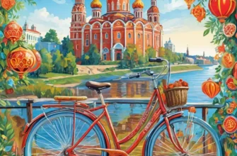 A vibrant illustration of a bicycle parked beside a historic Vladimir icon, with a backdrop of the Volga River and festive decorations, capturing the spirit of "Day of the Bicycle" and the cultural heritage of Vladimir.