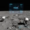 A lunar landscape with NASA drones hovering over the regolith, a subtle holographic AI interface projected in the sky, and faint NASA logos on the drones, all rendered in a realistic, high-resolution style