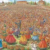 A vibrant and colorful illustration depicting a diverse group of people participating in various cultural events in Stavropol, Russia. The events could include folk dancing, traditional music performances, craft demonstrations, and food stalls. The scene should be lively and celebratory, showcasing the region's rich cultural heritage.