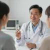 A medical doctor explaining to a patient how botulinum toxin is used to treat Parkinson's disease and cerebral palsy, in a calm clinical setting with subtle medical equipment in the background, professional attire, warm and reassuring expression, no text or labels