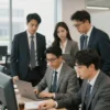 A diverse group of American business professionals in a modern office setting, collaborating on a project. Include elements representing different industries (technology, finance, retail). Focus on a sense of resilience and adaptation.