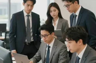 A diverse group of American business professionals in a modern office setting, collaborating on a project. Include elements representing different industries (technology, finance, retail). Focus on a sense of resilience and adaptation.
