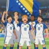 A vibrant and detailed illustration of the Bosnia and Herzegovina national football team celebrating a victory after qualifying for the World Cup for the first time in their history. The scene should depict the team in their blue and white jerseys, with expressions of joy and excitement. Include the national flag prominently displayed. The background should be a stadium filled with cheering fans.